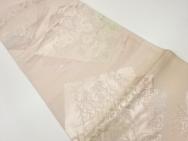 じゅらく製　色紙に秋草・水車・柳模様織出し袋帯